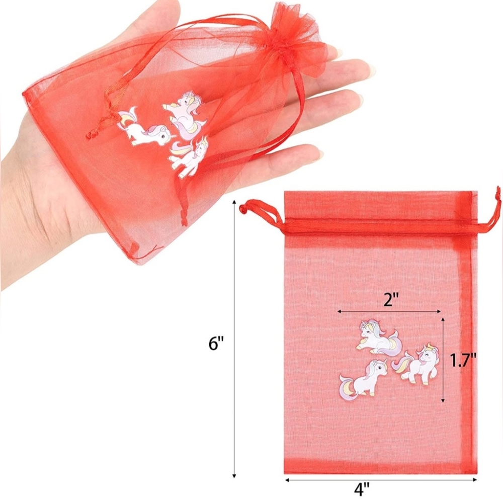 15 Unicorn Design Red 4x6 Sheer Drawstring Organza Bags